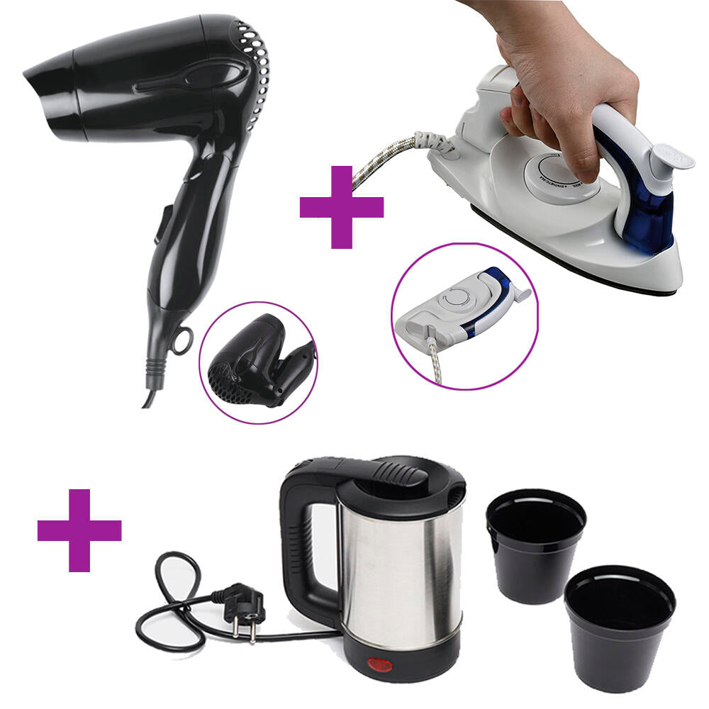 Pack Viaje Plancha De Vapor, Hervidor De Acero 0,5L & Secador De Pelo Con Mango Plegable
